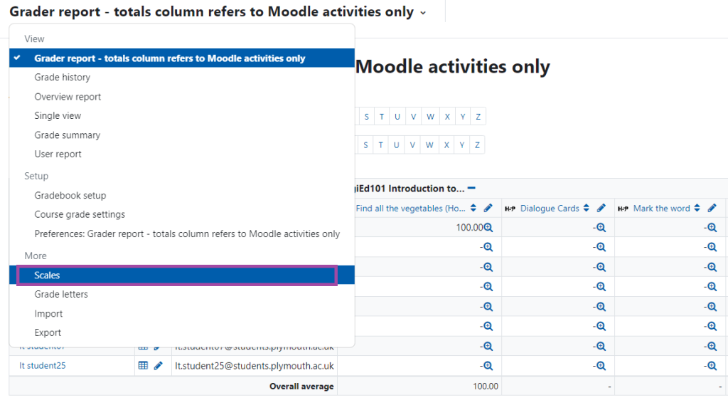 Screenshot of the 'Grades' submenu with 'Scales' highlighted.