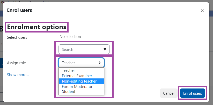 Screenshot showing the Enrolment methods. Select users and assign role highlighted.