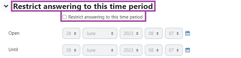 Screenshot of the Restrict answering to this time period option of a 'Group Choice' activity. 