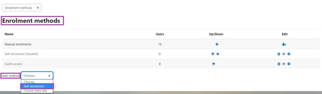 Screenshot showing the Enrolment methods. Self enrolment highlighted.