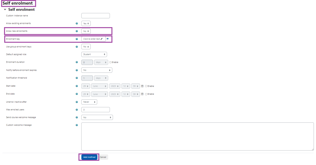 Screenshot of the self enrolment page - allow new enrolments, enrolment key and add method highlighted.