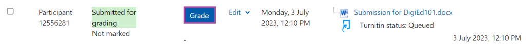 Screenshot of the ‘Grade’ button (highlighted) next to a student submission under the Grading table.