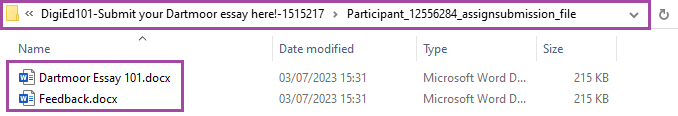 Screenshot of the student submission folder, the student submission and the additional feedback file (highlighted) in File Explorer.