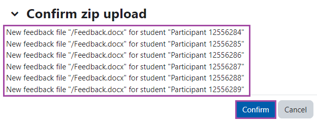 Screenshot of the ZIP folder upload confirmation message (highlighted) in Moodle.