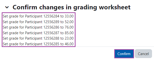 Screenshot of the grade upload confirmation message (highlighted) in Moodle.