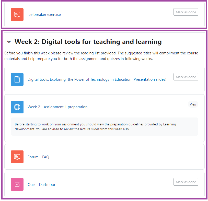 Screenshot of the display of resource and activity types (highlighted) in a module/DLE page.