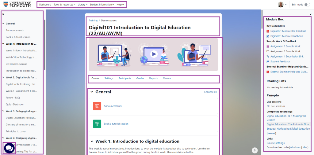 Screenshot of the display of a module/DLE page (highlighted) in Moodle.