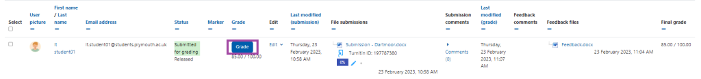 Screenshot of grading table with a the grade button highlighted for a student.