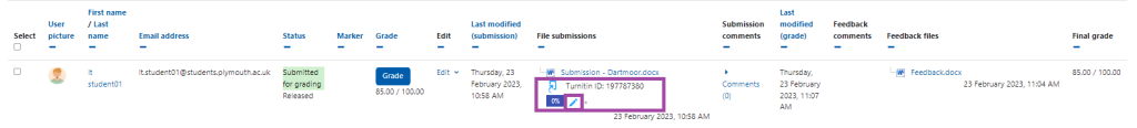Screenshot of the display of the blue pencil icon (highlighted) within the grading table or page (highlighted) of student submissions.