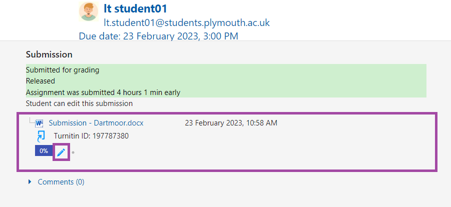 Screenshot of the display of the blue pencil icon (highlighted) within the page (highlighted) of student submissions.