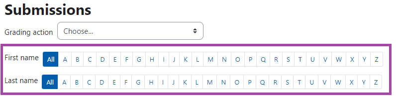 Screenshot of the submissions alphabetic filter.