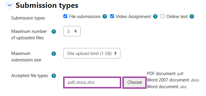 Screenshot of the ‘Accepted file types’ setting (highlighted).