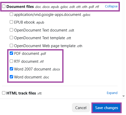 Screenshot of the ‘Accepted file types’ setting (highlighted).