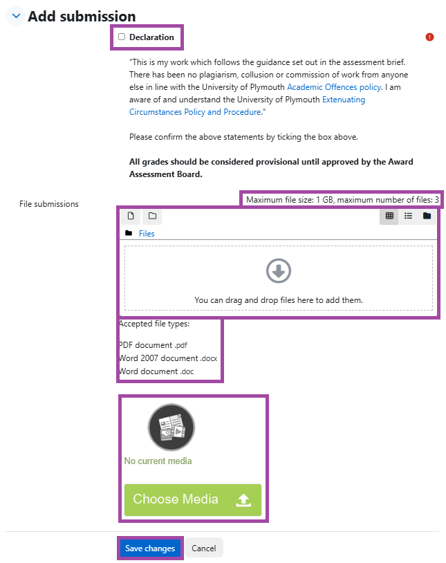 Screenshot of making a video and regular submission as a student (highlighted).