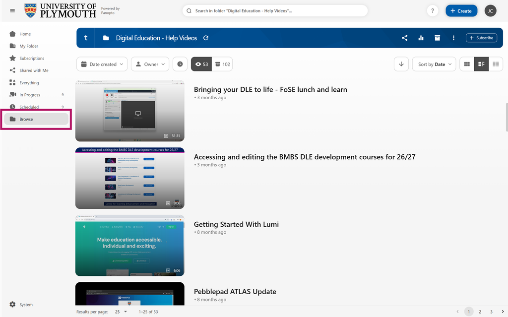 The Panopto interface with the browse button highlighted in the left hand menu.