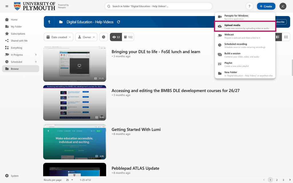 The Panopto interface with the upload media option highlighted.