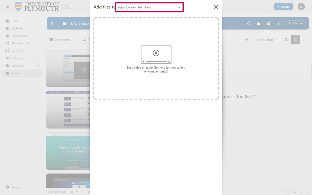 The upload pop-up area with the select folder highlighted.