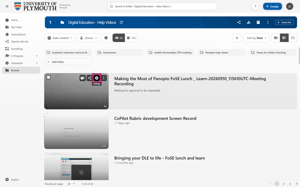 The Panopto UI with the cog highlighted on the video thumbnail.