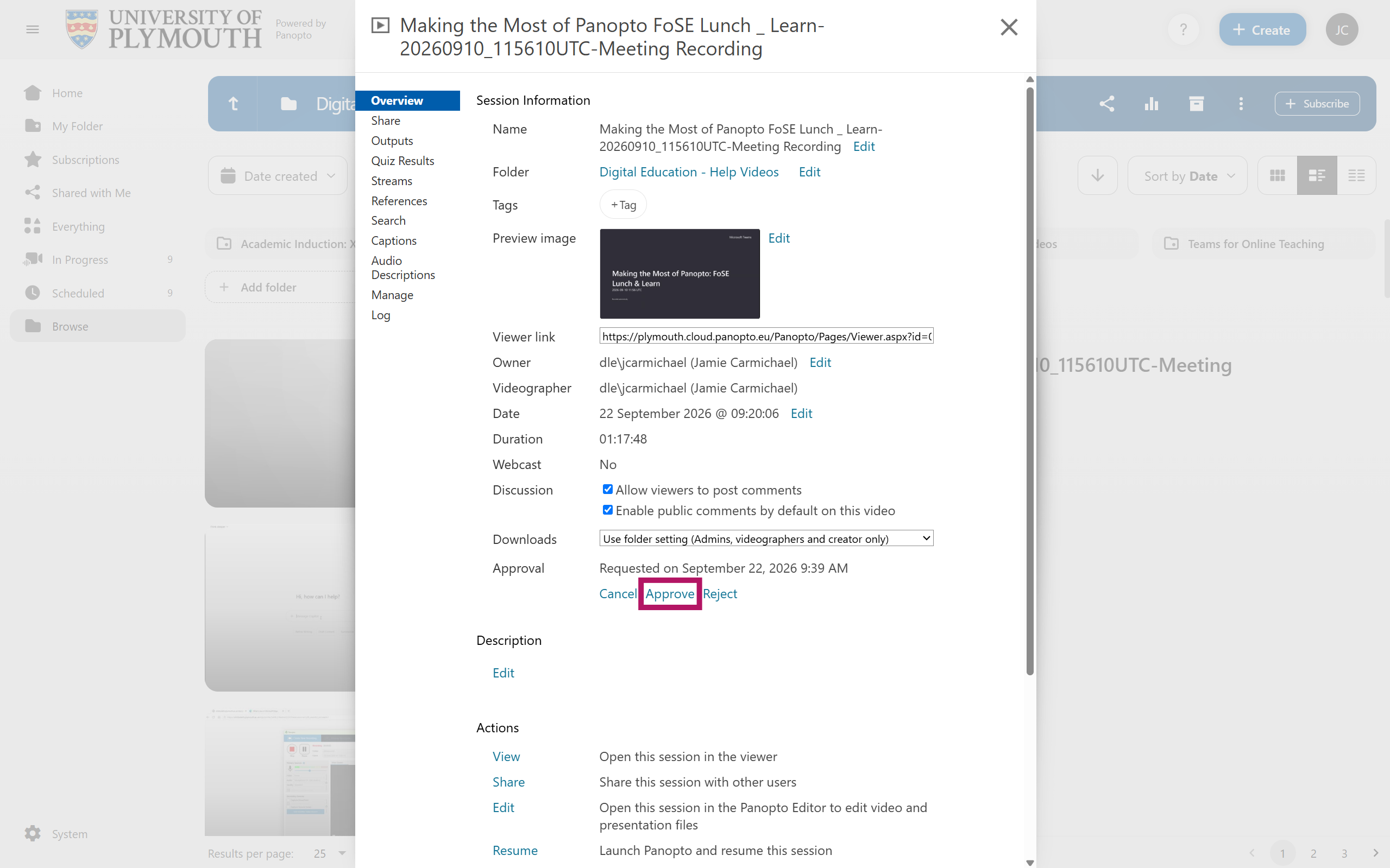 The video settings pop-up with the approve button highlighted.