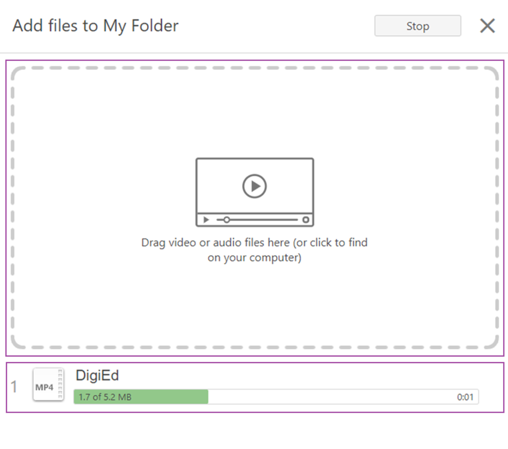 Panopto screenshot uploading a file, with a DigiEd mp4 being uploaded.