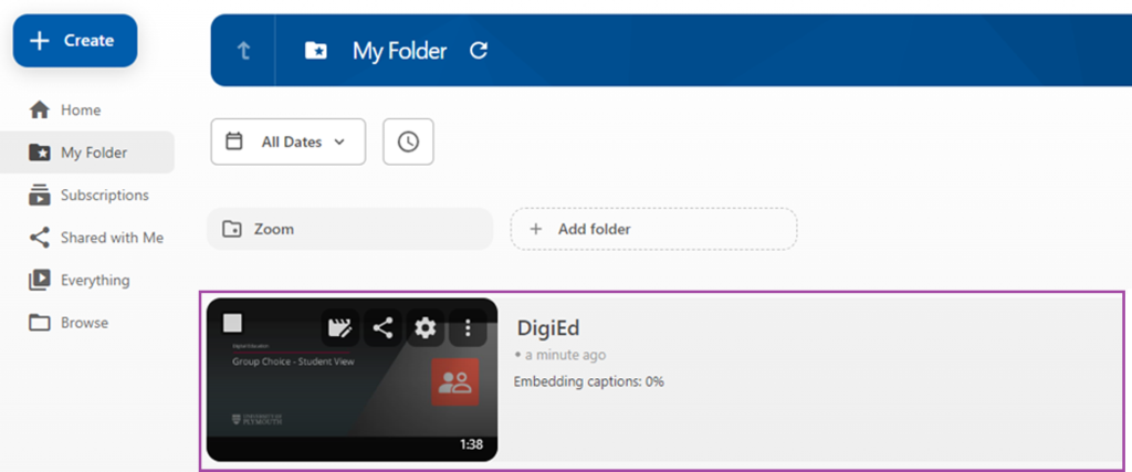 Panopto screenshot showing the DigiEd file being uploaded and preview window of the file.