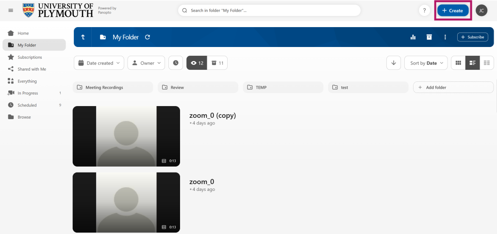 The Panopto interface with the create button highlighted.