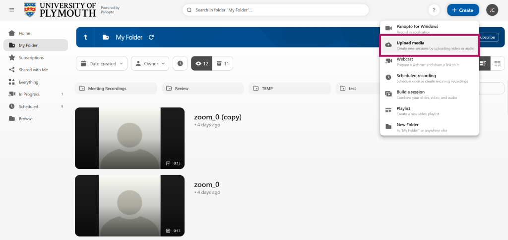 The Panopto interface with the upload media option highlighted
