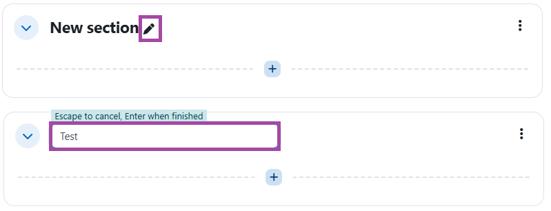 Screenshot of the process of changing the section heading (highlighted).