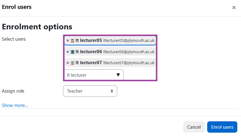 Screenshot of selecting multiple users (highlighted) for the DLE enrolment.