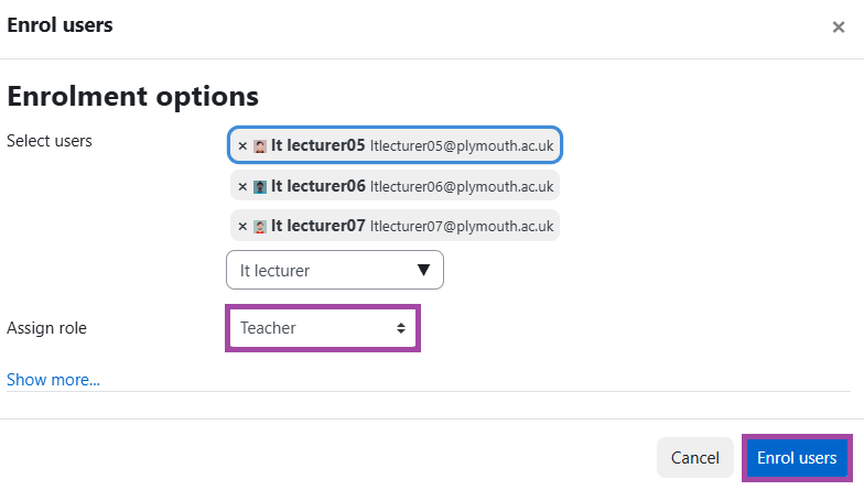 Screenshot of assigning a role (highlighted) for users in the DLE and of the ‘Enrol users’ button (highlighted.