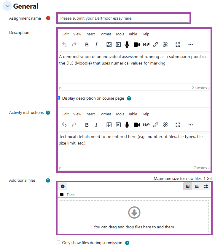 Screenshot of the ‘General’ section (highlighted) within a submission point.