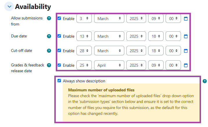 Screenshot of the ‘Availability’ section (highlighted) within a submission point.