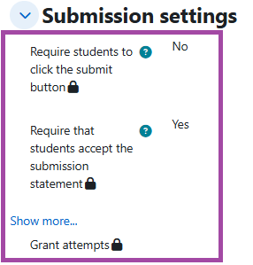 Screenshot of the ‘Submission settings’ section (highlighted) within a submission point.