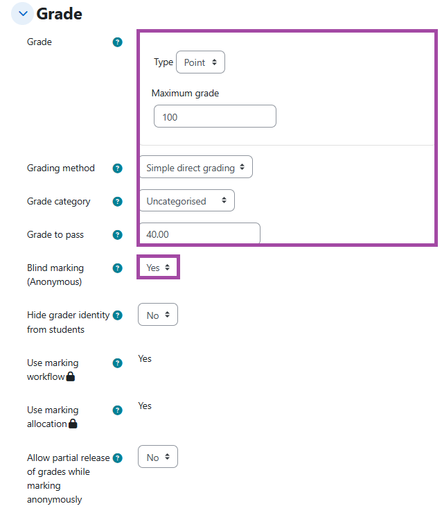 Screenshot of the ‘Grade’ section (highlighted) within a submission point.