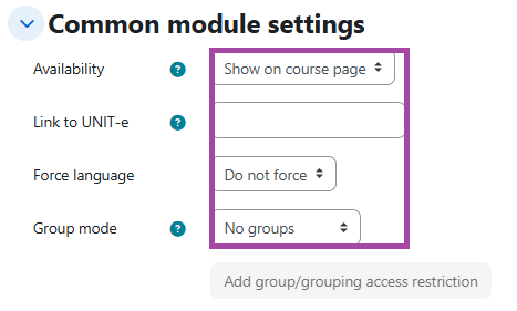 Screenshot of the ‘Common module settings’ section (highlighted) within a submission point.