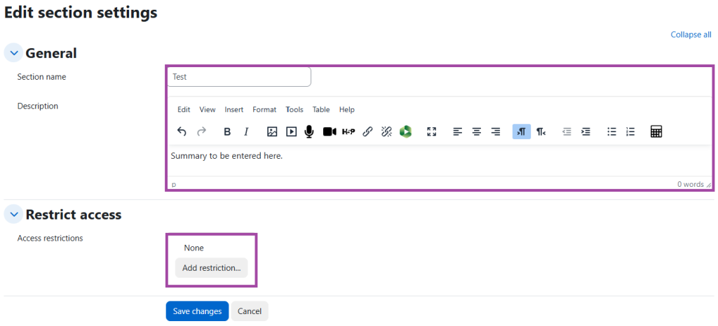 Screenshot of the section settings (highlighted).