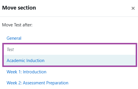Screenshot of moving a section after another section (highlighted).