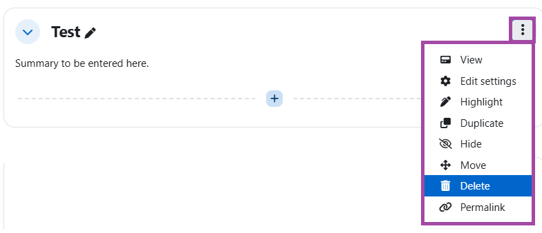 Screenshot of the ‘Delete’ option (highlighted) within the three-dot button. 