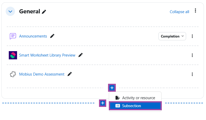 Screenshot of creating a section or sub-section (highlighted).