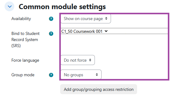 Screenshot of the ‘Common module settings’ section (highlighted) within a submission point.