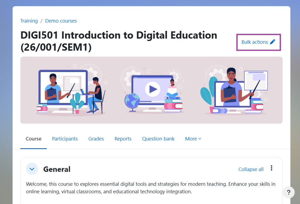 Screenshot of the DLE course, with ‘Bulk actions’ highlighted