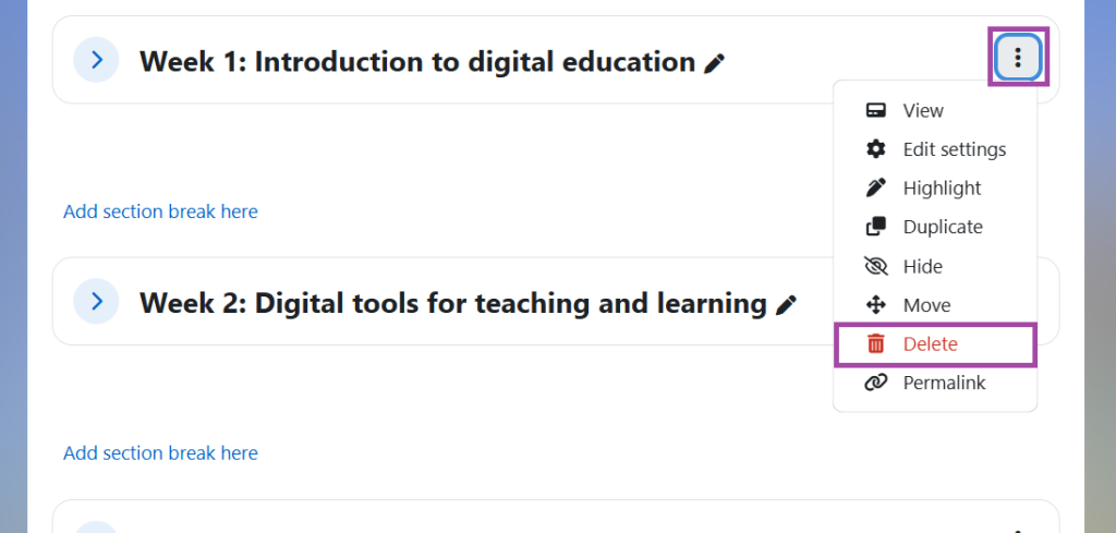 Screenshot of a section within the DLE with the ‘3 dots’ highlighted and the ‘Delete’ highlighted in the drop down menu.