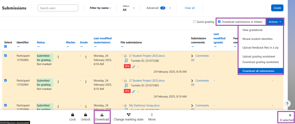 Screenshot of downloading submissions from the DLE (highlighted).
