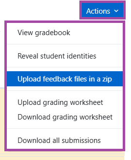 Screenshot of the ‘Upload feedback files in a zip’ option under the ‘Actions’ drop-down list (highlighted).