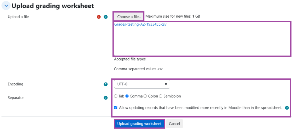 Screenshot of the upload process of the grading worksheet in the DLE (highlighted).