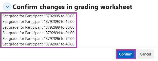 Screenshot of the grading worksheet being uploaded (highlighted).
