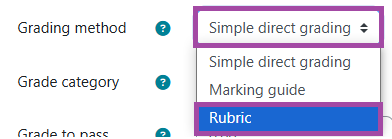 Screenshot of the ‘Grading method’ drop-down list (highlighted).