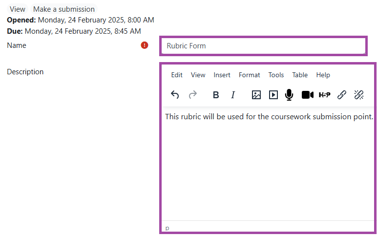 Screenshot of the rubric settings (highlighted).