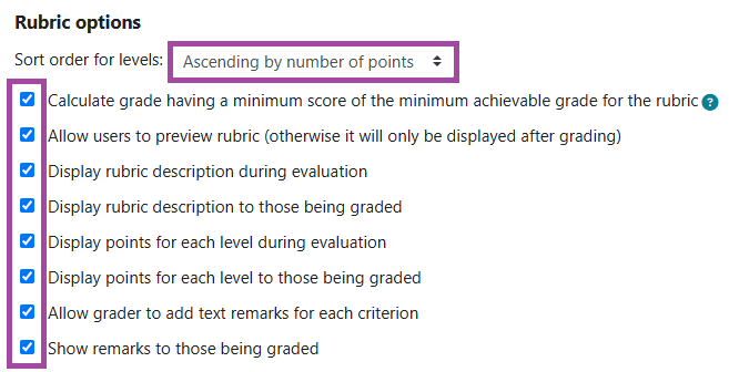 Screenshot of the boxes listed under a rubric (highlighted).