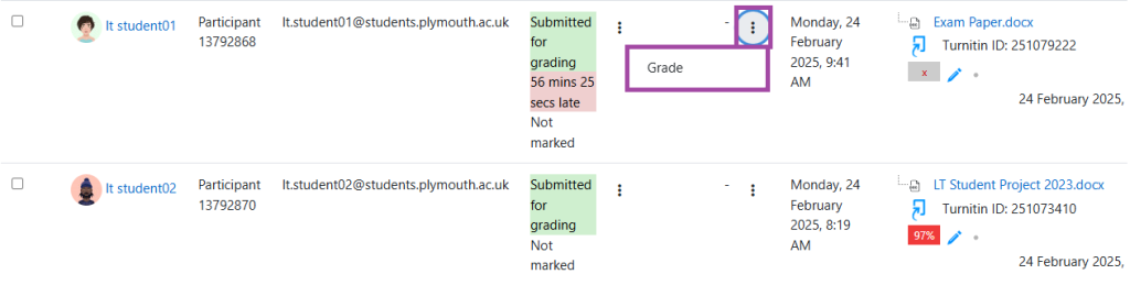 Screenshot of the submission list, three dots and ‘Grade’ option (highlighted).